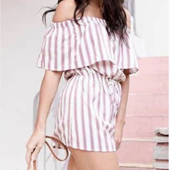2/$20 F21 Forever 21 Off The Shoulder Striped Romper - Picture 1 of 7